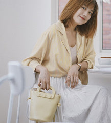 Cute Leather Yellow Womens Mini Bucket Purse Handbag Barrel Shoulder Bag for Women