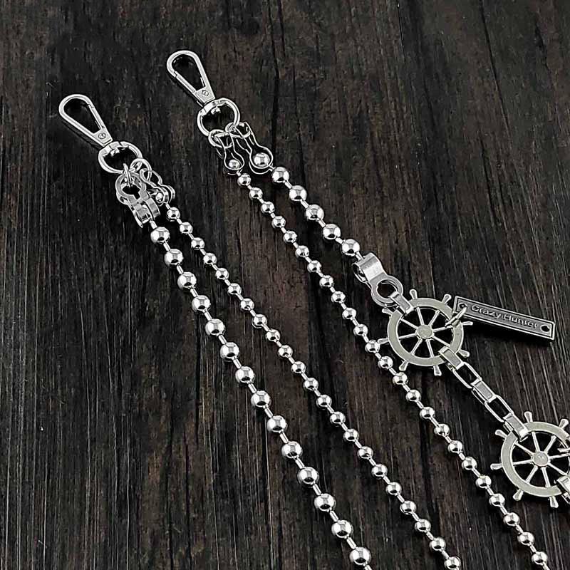 31'' Metal BIKER SILVER WALLET CHAIN Beaded LONG PANTS CHAIN ANCHOR je