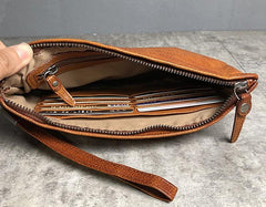 Handmade Genuine Leather Mens Clutch Cool Slim Wallet Zipper Clutch Wristlet Wallet for Men
