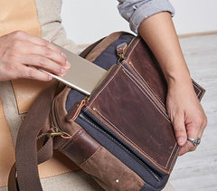 Mens Leather Canvas Gray Cool Messenger Bag Side Bag Shoulder Bag for Men