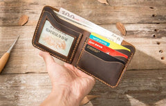 Cool Leather Mens Coffee Slim Small Wallet Bifold Vintage billfold Wallet for Men