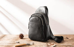 Leather Mens Black Shoulder Sling Backpack Sling Backpack Sling Bag for men