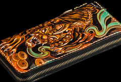 Handmade leather mythical wild animal biker wallet long wallet black leather men phone - EverHandmade