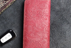 Handmade long leather wallets floral Zipper leather clutch wallet for women men