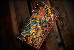 Handmade Leather Tooled Monkey King Mens Chain Biker Wallet Cool Leather Wallet Long Clutch Wallets for Men