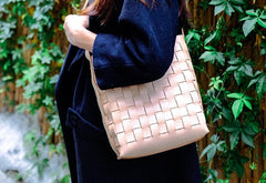 Vintage Leather Beige Braided Womens Crossbody Purse Shoulder Bag for Women