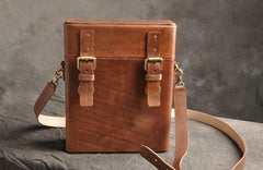 Handmade Vintage Coffee Leather Mens Messenger Bag Box Shoulder Bags for Men