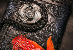 Handmade Leather Long Black Biker Wallet Trucker Wallet Leather Chain Men Red Carp Tooled Wallet