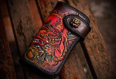 Handmade Leather Chinese Lion Mens Tooled Chain Biker Wallet Cool Long Leather Wallets With Chain Wallets for Men