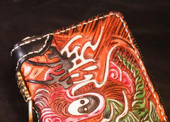 Handmade Leather Tooled Buddha Mens Chain Biker Wallet Cool Leather Wallet Long Phone Wallets for Men