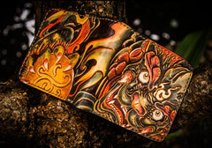Handmade Leather Chinese Lion Tooled Mens Small Wallet Cool Leather Wallet billfold Wallet for Men
