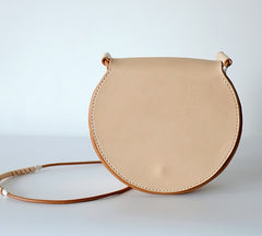 Cute Leather Beige Womens Small Round Saddle Crossbody Purse Shoulder Bag for Women