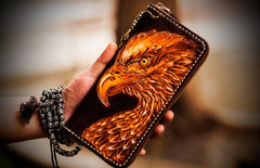 Handmade Leather Mens Tooled Eagle Chain Biker Wallet Cool Leather Wallets Long Wallets for Men