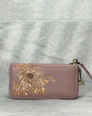 Peony Embroidery Pink Leather Peony Wristlet Wallet Womens Zip Around Wallets Flowers Peony Ladies Zipper Clutch Wallet for Women
