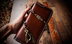Handmade Leather Mens Chain Biker Wallets Cool Leather Wallet Long Clutch Wallet for Men
