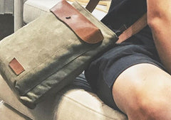 Mens Canvas Leather Square Side Bag Messenger Bag Canvas Shoulder Bag for Men