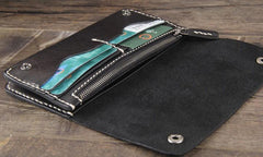 Handmade Genuine Leather Mens Cool Long Leather Wallet Bifold Clutch Wallet for Men