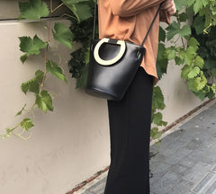 Cute Leather Black Womens Mini Bucket Purse Handbag Barrel Shoulder Bag for Women