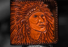 Handmade Leather Indian Chief Tooled Mens billfold Wallet Cool Leather Wallet Slim Wallet for Men