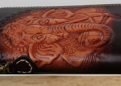 Handmade Leather Ganesha Tooled Biker Chain Mens Long Wallet Cool Leather Wallet Clutch Wallet for Men