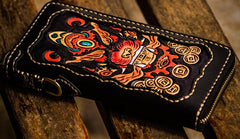 Handmade Leather Mens Tooled Monster Chain Biker Wallet Cool Leather Wallet Long Clutch Wallets for Men