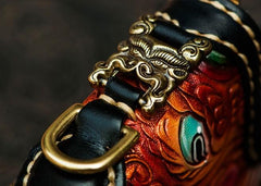 Handmade Leather Tooled Carp Mens Chain Biker Wallet Cool Leather Wallet Long Phone Wallets for Men