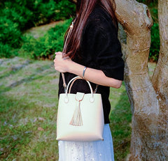 Handmade Leather Beige Womens Handbag Shoulder Bag Crossbody Purse Tassels for Women