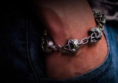 Silver Brass Stainless Steel Biker Trucker Skull Heavy Gothic Skulls Men Bracelet Biker Jewelry