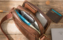 Cool Small Leather Black Mens Messenger Bags Shoulder Bags  for Men