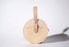 Handmade Womens Beige Leather Circle Handbag Round Purse Crossbody Bag for Women