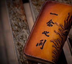 Handmade Mens Long Leather Wallet Cool Buddha&Demon Tooled Wallet Long Zipper Wallets for Men