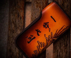 Handmade Leather Tooled Buddha&Demon Mens Chain Long Biker Wallet Cool Leather Wallet With Chain Wallets for Men