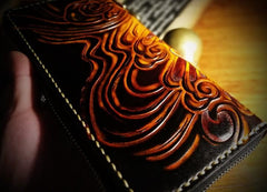 Handmade Leather Mens Tooled Buddha&Demon Chain Biker Wallet Cool Leather Wallet Long Clutch Wallets for Men