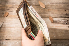 Cool Leather Mens Coffee Slim Small Wallet Bifold Vintage billfold Wallet for Men