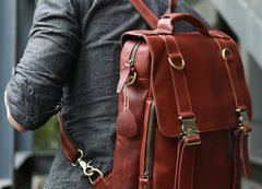 Red Brown Leather Mens Backpack Travel Backpacks Laptop Backpack for men