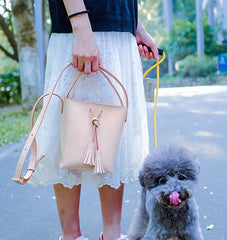 Handmade Leather Beige Womens Handbag Bucket Purse Barrel Shoulder Bags for Women