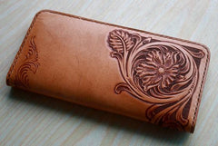 Handmade Leather Vintage Tooled Floral Mens Long Wallets Cool Long Wallet for Men