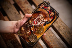 Handmade Leather Mahākāla Mens Tooled Chain Biker Wallet Cool Long Leather Wallet With Chain Wallets for Men