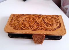 Handmade Leather Tooled Floral Mens Long Wallet Cool Long Wallet for Men