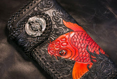 Handmade Leather Long Black Biker Wallet Trucker Wallet Leather Chain Men Red Carp Tooled Wallet - EverHandmade