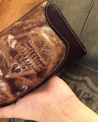 Handmade Genuine Leather Mens Clutch Cool Long Wallet Skull Zipper Clutch Wristlet Wallet for Men