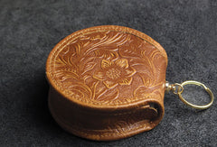 Handmade makeup leather round change coin wallet flowral leather billfold wallet for men women