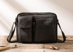 Black Cool Small Leather Mens Messenger Bags Shoulder Bags for Men