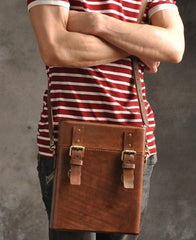 Handmade Vintage Coffee Leather Mens Messenger Bag Box Shoulder Bags for Men