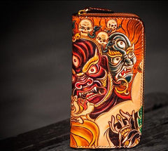 Handmade Leather Tooled Mahākāla Mens Zipper Long Wallet Cool Leather Wristlet Wallet for Men