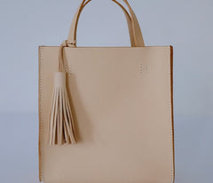 Handmade Leather Small Beige Womens Tote Shoulder Bag Handbag Purse Tassels for Women