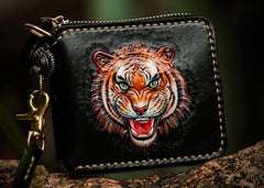 Handmade Leather Tiger Tooled Mens billfold Wallet Cool Clutch Wristlet Bag Chain Wallet Biker Wallet for Men