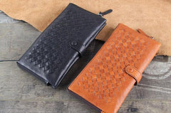 Genuine Leather Mens Cool Braided Wallet Long Leather Wallet Clutch Wristlet Wallet for Men