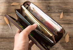 Cool Leather Mens Coffee Long Zipper Clutch Wallet Long Wallet for Men
