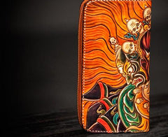 Handmade Leather Tooled Mahākāla Mens Zipper Long Wallet Cool Leather Wristlet Wallet for Men